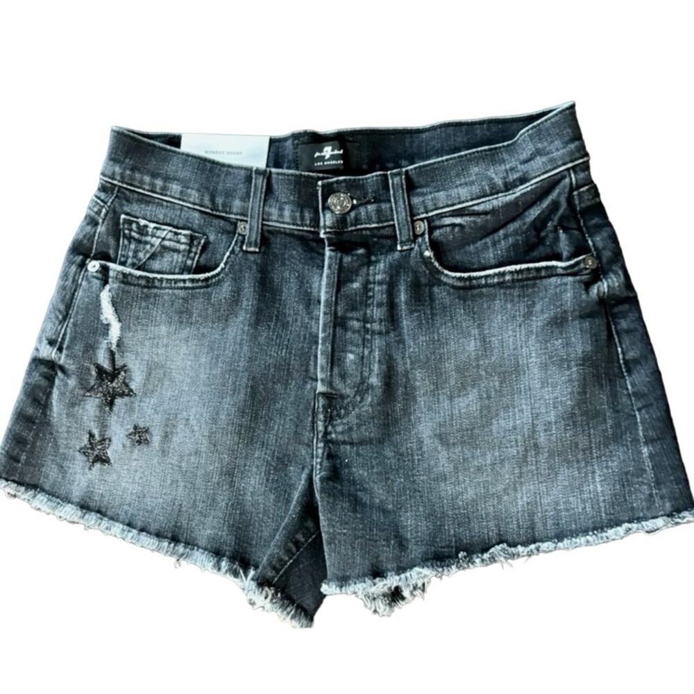 7 For All Mankind Monroe Cut Off Denim Shorts Eclipse Black Star 25 Button Fly